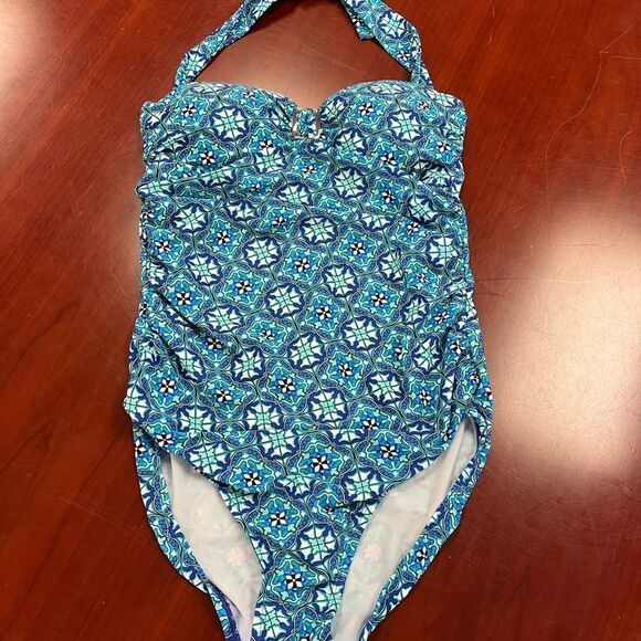 Love Your Assets / Spanx Blue Pattern Figure Flattering Halter Swimsuit sz L EUC - Picture 1 of 6